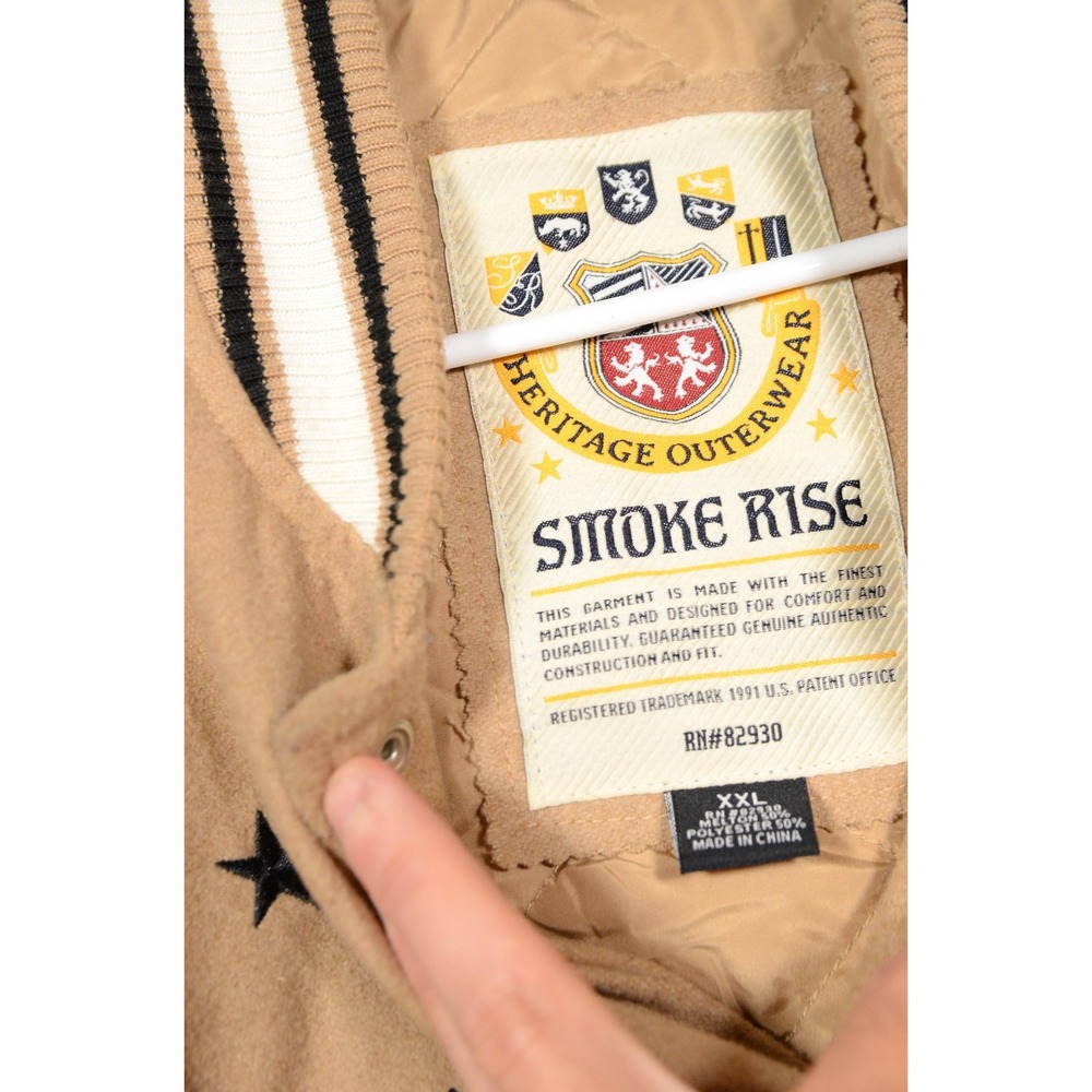 Smoke Rise Varsity Jacket Mens 2XL Tan White Letterman Quilted Snap Patches - Picture 6 of 10
